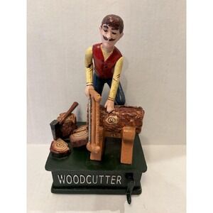 CAST IRON NOVELTY WIND UP MECHANICAL BANK - WOODCUTTER Recurrent Motion